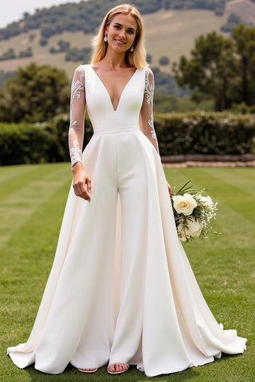 White Bodycon Deep V Neck Long Sleeves Satin Bridal Jumpsuit